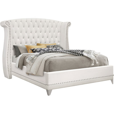 White Velvet Upholstered King Wingback Bed With Dramatic Headboard And Details For Bedroom Design In Upholstery, Tall Headboard, Nailhead Trim A Classic