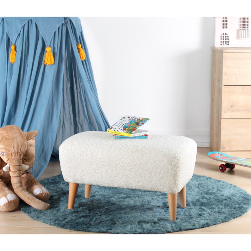 Élégant pouf scandinave, fausse fourrure blanche avec pieds en bois, 24,0 x 13,0 pouces | Revêtement 100% fausse fourrure, éponge orthopédique de 35 pouces d'épaisseur 2,4 pouces | Décoration élégante et confortable pour le salon et la chambre à coucher