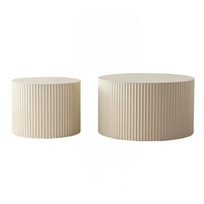 Beige Nesting Coffee Table Set Of 2 Modern Drum Side Table End Table Wave Stripe Round Coffee Table For Living Room