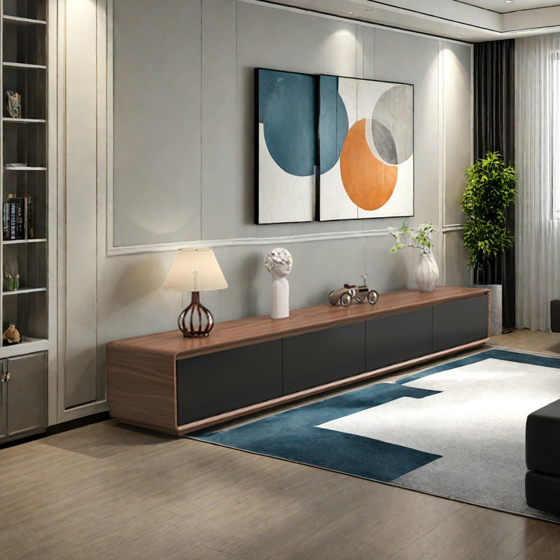 Meuble télé multi-tiroirs avec base pleine, H 13,77 po x L 94,48 po x l 15,74 po, Noir / brun clair