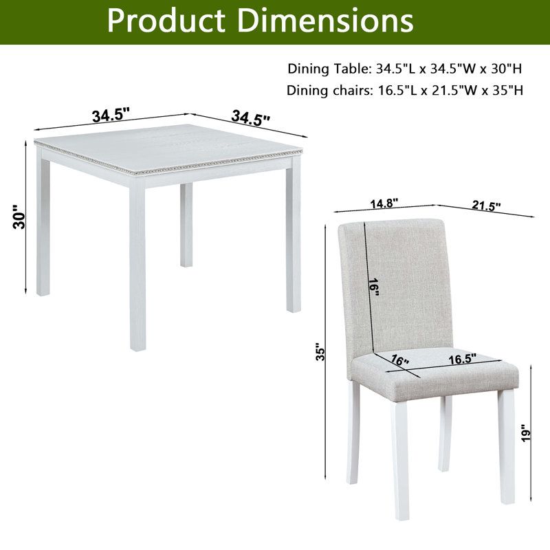 Ensemble de salle à manger Balachandran, Blanc, Lin gris / blanc, H 30 po x L 34,5 po x l 34,5 po