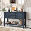 Console de 46 po en bois massif avec 2 tiroirs, armoires et tablette inférieure, armoire de rangement de style rétro pour salle à manger (bleu marine)-1202441450