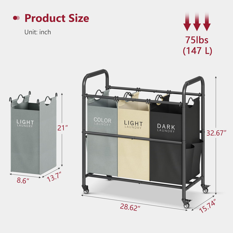 3 Bag Laundry Sorter Cart, Laundry Hamper Sorter Basket With Heavy Duty Lockable Rolling Wheels For Clothes Storage, 3 Colors