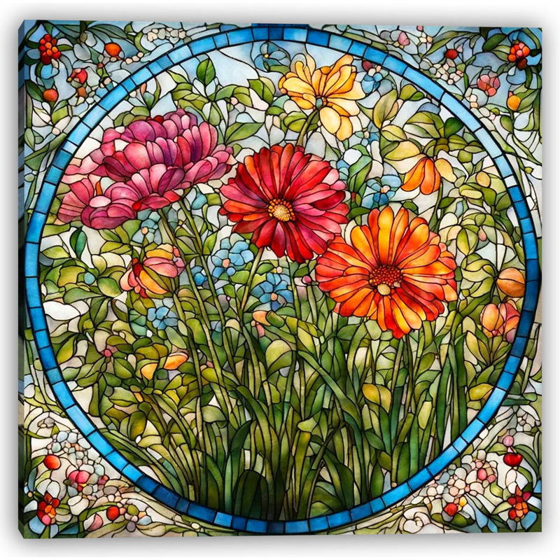 Élégance florale en vitrail sur toile tendue, H 12 po x l 12 po