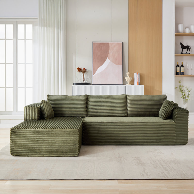 110" Modular Sectional Sofa No Assembly, Compression L-Shape Floor Sectional Couch with Chaise, Olive Green Corduroy