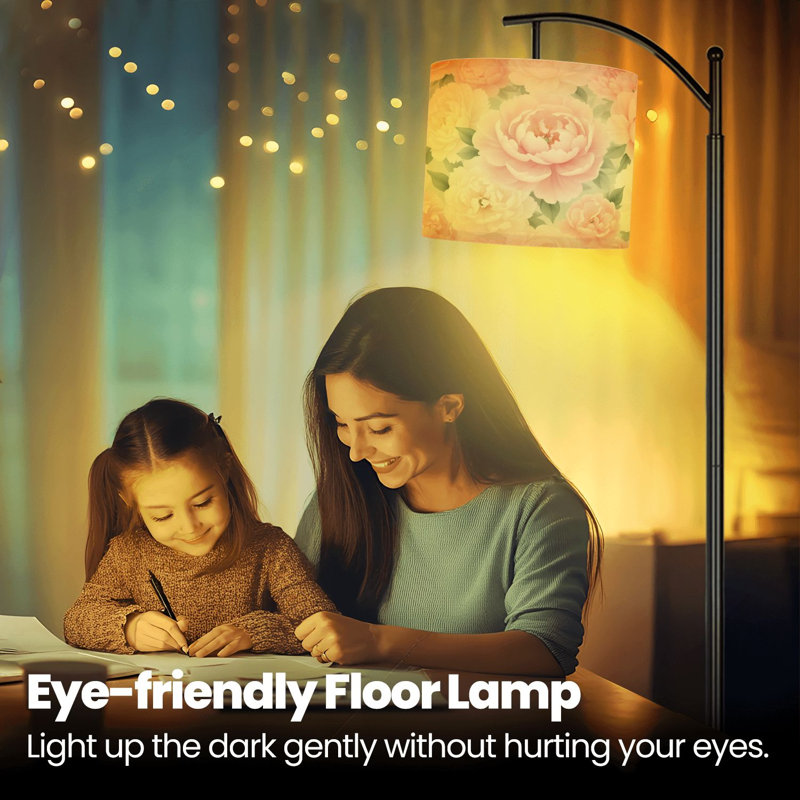 Lampe sur pied à arc avec pivoines, fleurs, rose, blanc, doux, aquarelle, design floral, debout pour chambre à coucher, 3 lumières à intensité variable avec télécommande et ampoule incluse