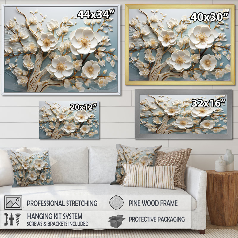 Orchidée blanche jardin de branches 9 - Art mural floral abstrait, Toile tendue, H 12 po x l 20 po x P 1 po