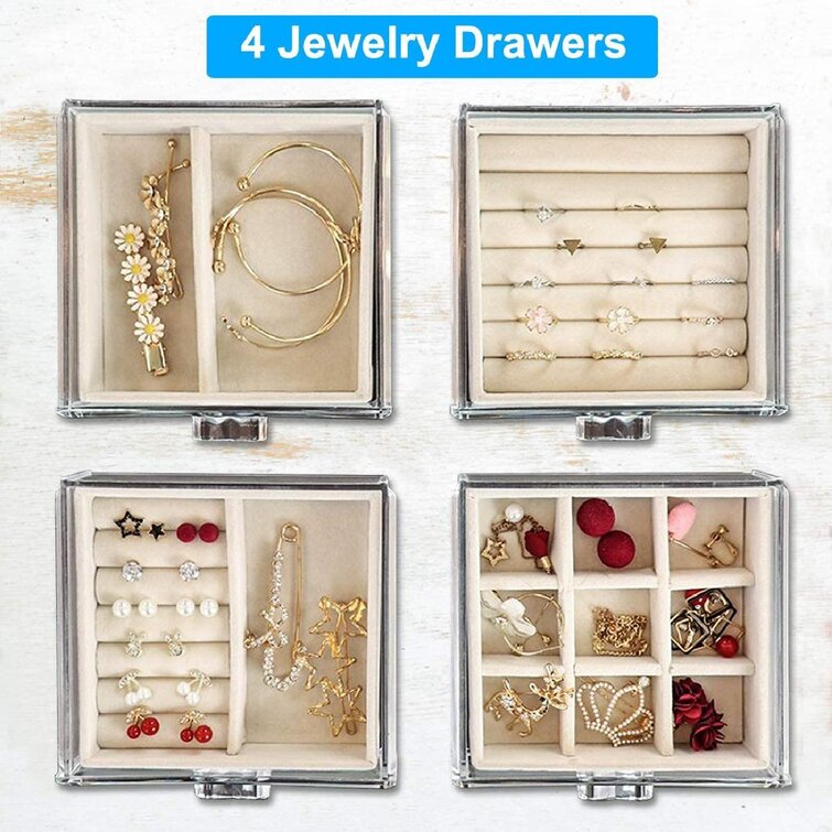 Acrylic Jewelry Organizer Box, Clear Earring Holder Jewelry Hanging Boxes with 4 Velvet Drawers for Earrings Ring Necklace Bracelet Display Case Gift