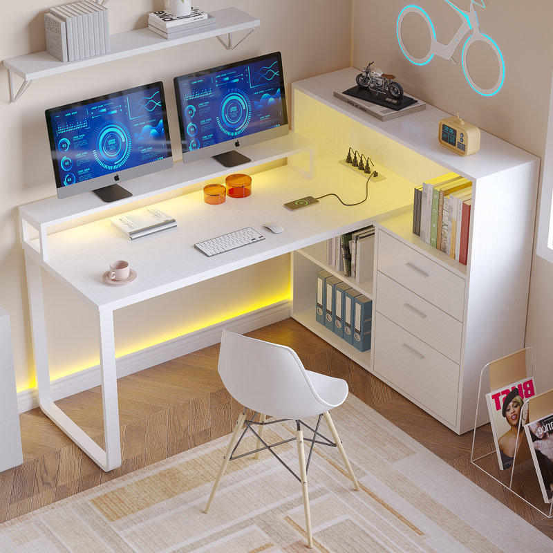 L Shaped Desk With Bookshelf and  Drawer, Corner Desk with LED Lights, White
