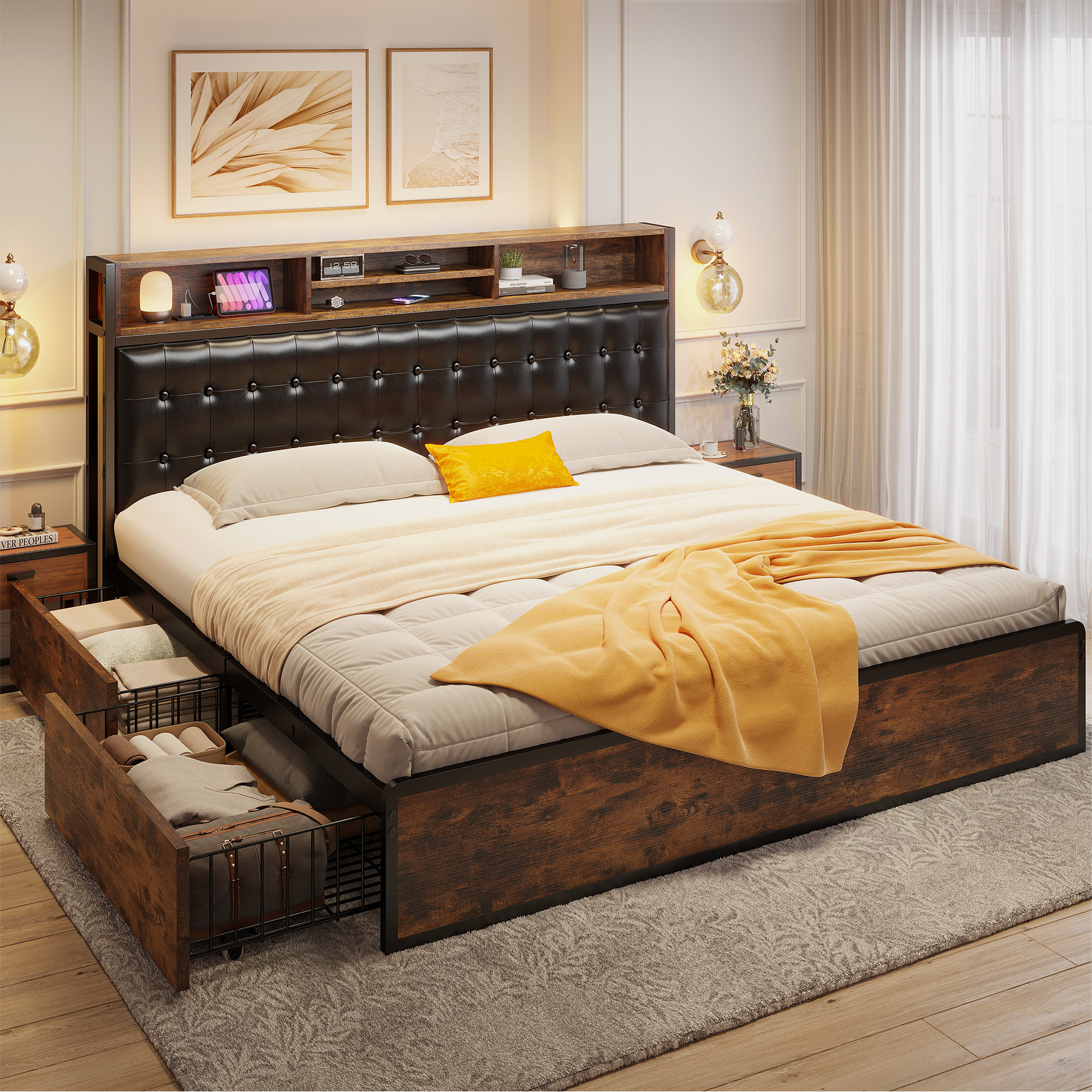 17 Stories Udelle Bed Frame with 4 Storage Drawers, Upholstered ...