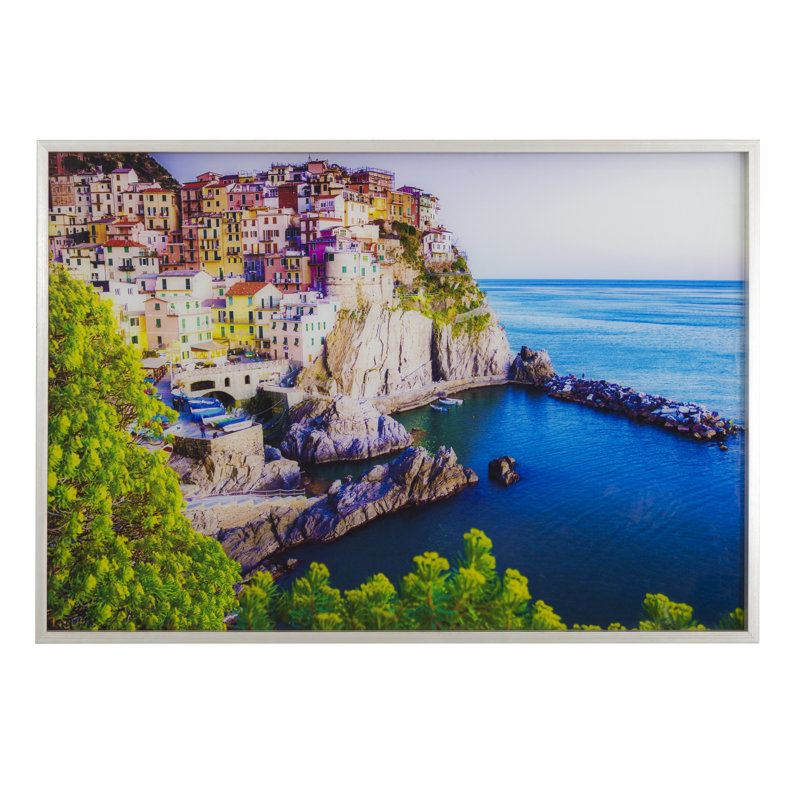 Coastal Charm Multi-Color Framed Tempered Glass Landscape Poster