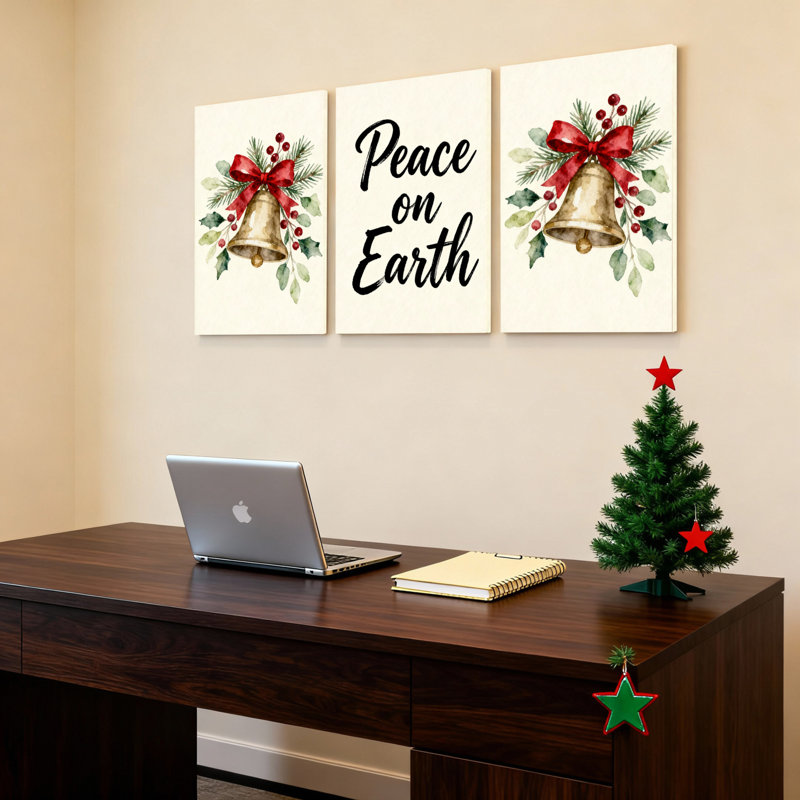 «Christmas Bell and Holly», reproduction d'art sur toile tendue à l'aquarelle, paix sur terre (ensemble de 3)