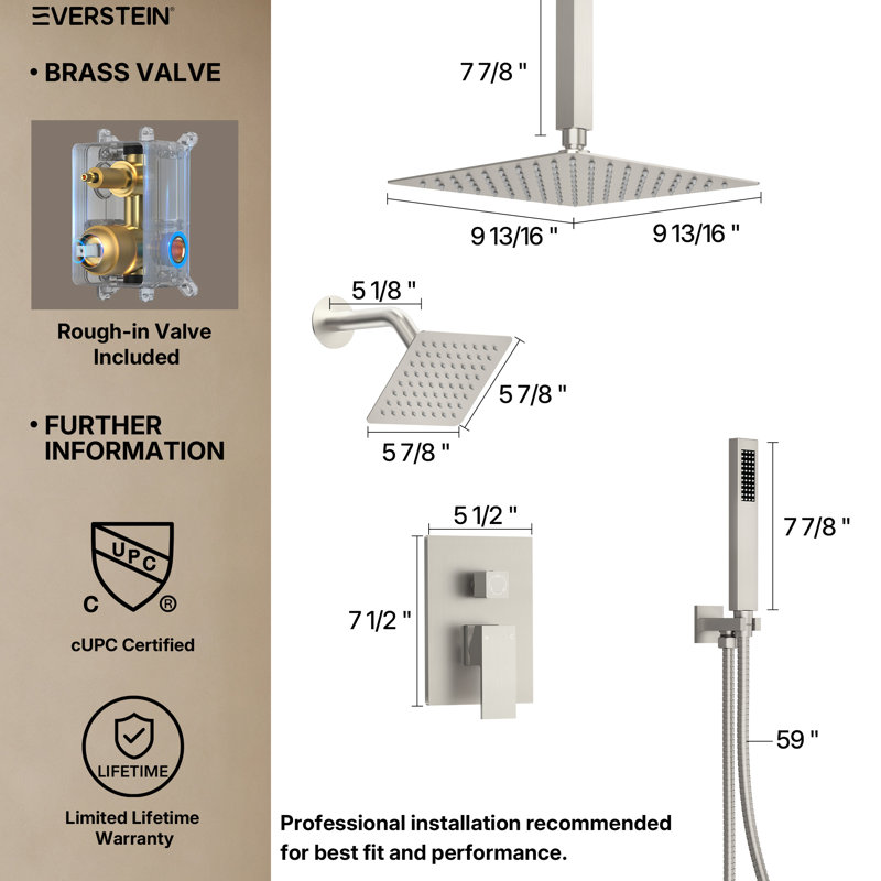 Système de douche à pluie à pression équilibrée 10 po, têtes de douche DualRainShower avec valve brute, Nickel brossé