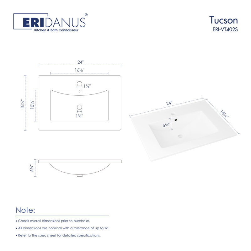 Tucson 24" W x 18" D Vitreous China Vanity Top Sink in White (Sink Only) (Vanity not Included)), Single-Hole
