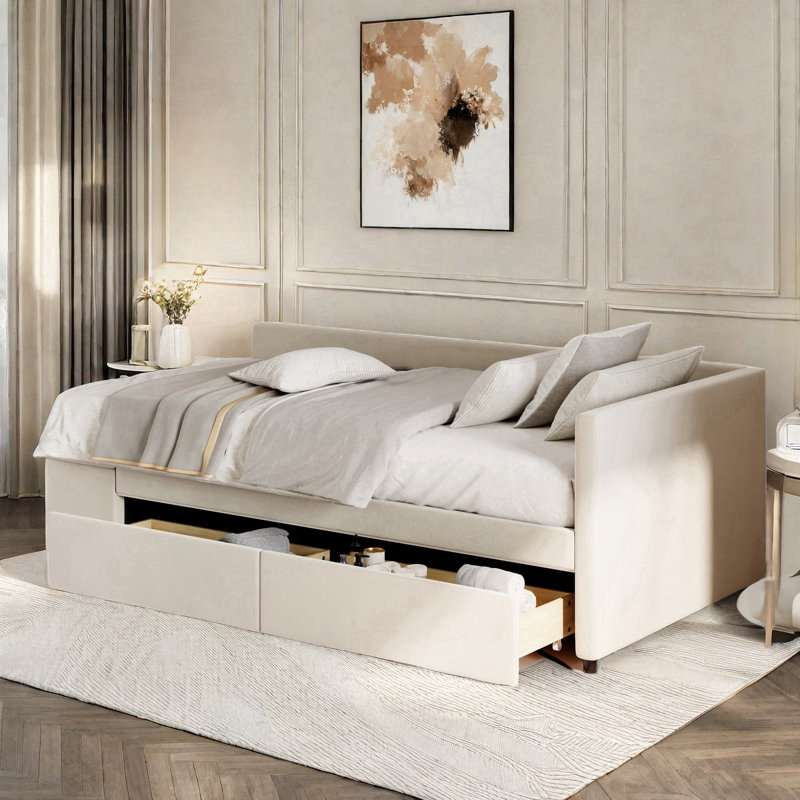 L-shaped Velvet Upholstered Platform Bed With Built-in Side Storage And 2 Drawers, Beige