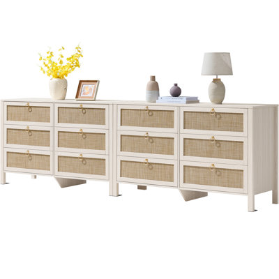 Pomodoro 51" W Rattan 6-Drawer Dresser With Golden Handles — Coastal Boho Bedroom Storage Chest by Bayou Breeze