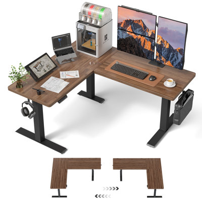 Bureau assis-debout en L de 160 cm (63 po), bureau d'angle électrique à hauteur réglable avec triple moteur, plateau extra-épais et contrôleur de mémoire