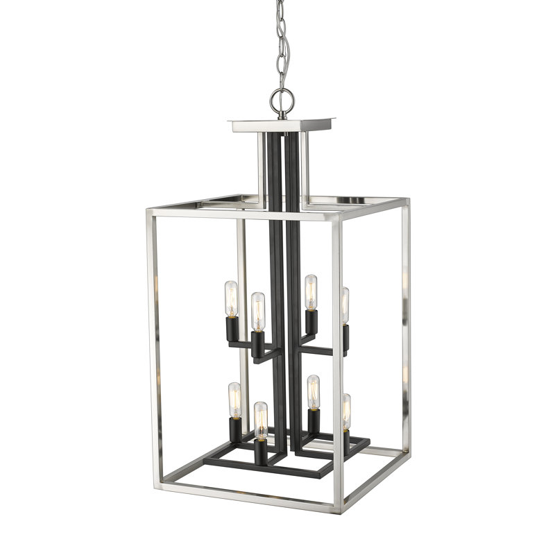 Lustre rectangulaire lanterne 8 lumières Bedsworth, Nickel brossé / noir