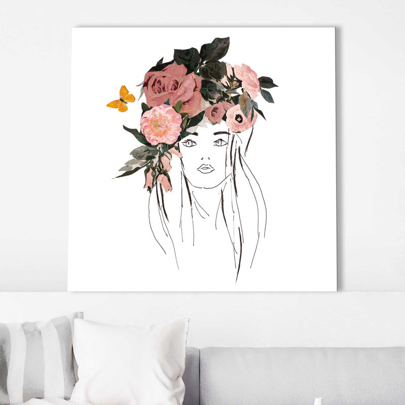 Tête avec fleurs roses (carré) par Patricia Pinto, reproduction, Toile tendue, H 36 po x l 36 po x P 1,5 po