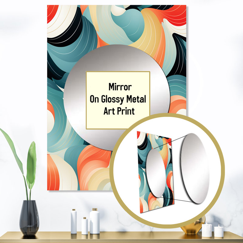 Saidy Orange And Green Geometric Ripples Patterns - Coastal Unique Wall Mirror, Nautical Mirror, Printed Metal Art, 40" x 30"