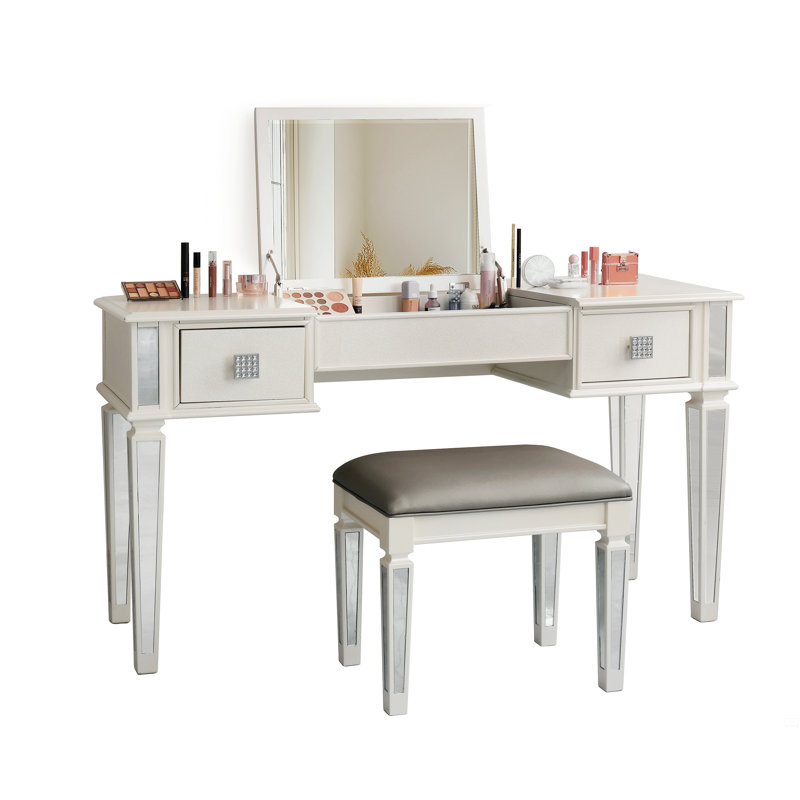 Mirrored Vanities Desk With Drawers, Bedroom Makeup Vanity Table Set With Mirror And Stool, Flip Up Dressing Table, White