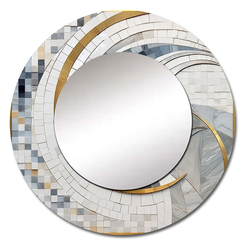 Gris et jaune mosaïque II - miroir de formes abstraites, miroir mural rond gris, impression sur métal, 29 po x 29 po