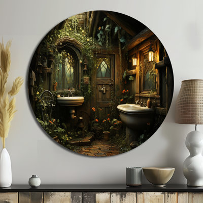 «Bathroom Rustic Woodland Retreat III - Humour», art rond en métal