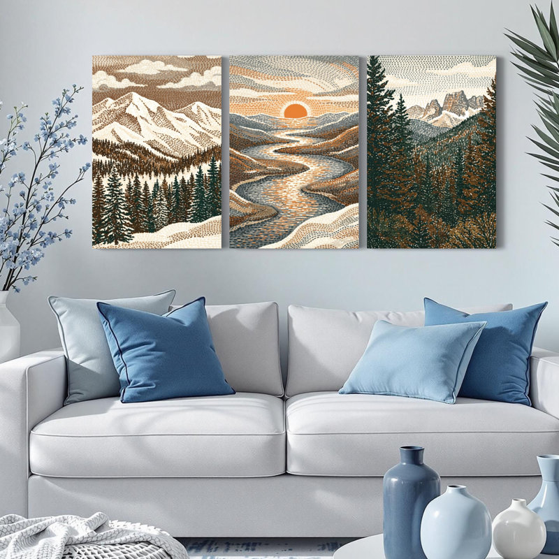 Paysage de montagne coucher de soleil sur toile tendue, reproduction d'art sur toile, ensemble de 3, H 18 po x l 36 po