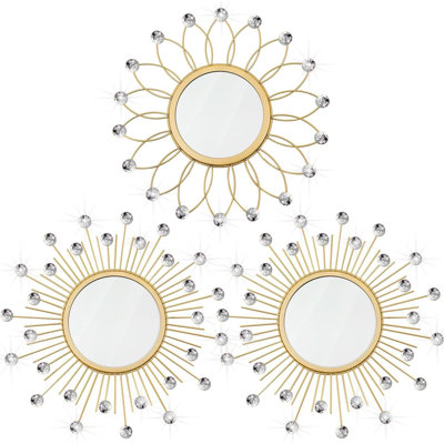 Flower & Sunburst Wall Mirrors Set Of 3 - Gold Crystal