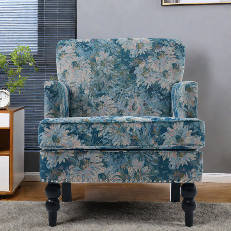 Fauteuil d'appoint confortable capitonné bleu, polyester et bois, décoration intérieure moderne