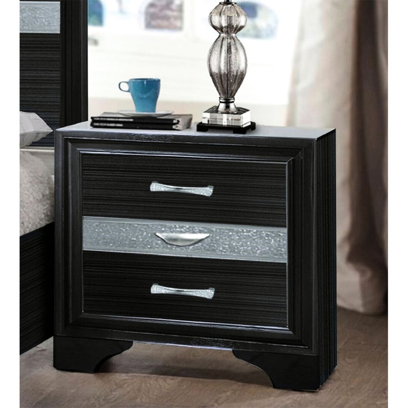 3 Table de chevet noire avec glissières en métal et tiroir à bijoux en feutre de style contemporain