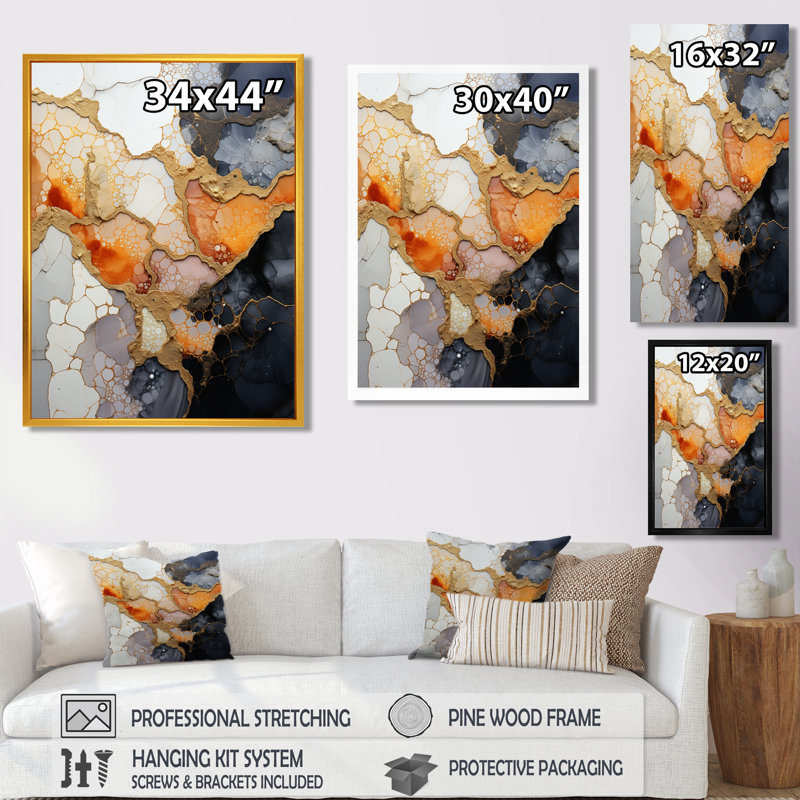 «Slab Structures Orange White» - art mural en marbre, H 20 po x l 12 po x P 1 po, Toile avec cadre flottant or