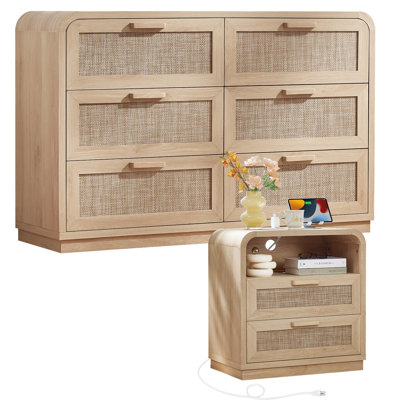 Curved Boho Dresser and Nightstand Set of 2, Rattan 6-Drawer Dresser and 2-Drawer Nightstand with Charging Station