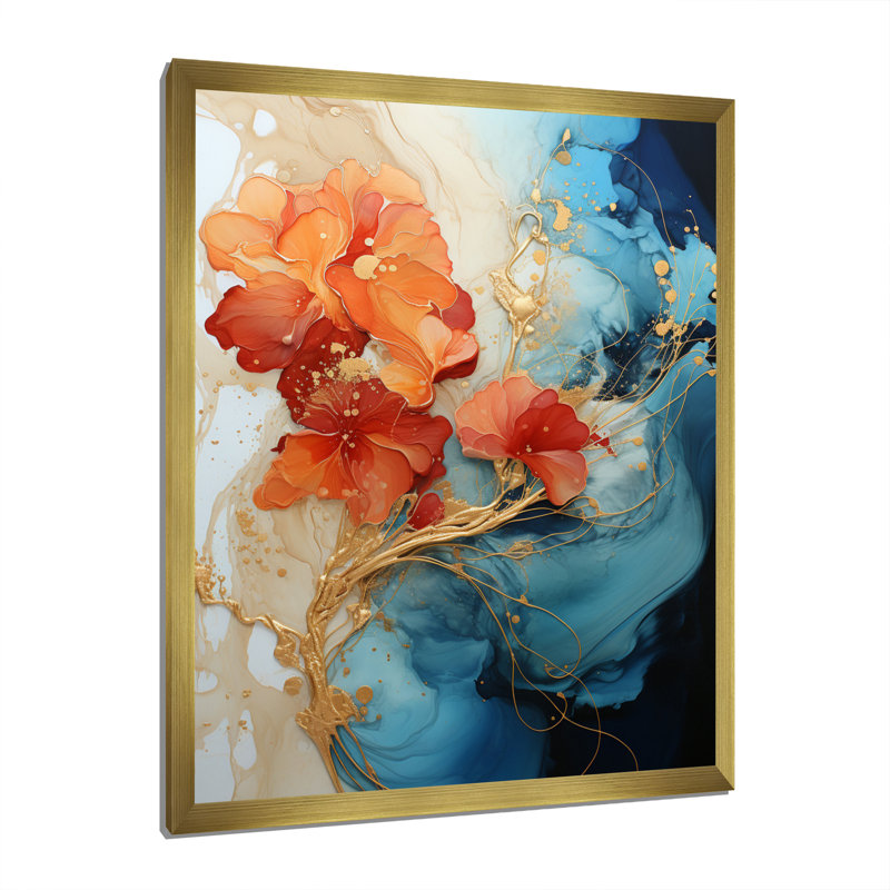 Breelan orange sarcelle abstrait fractal - fractales grand art mural, Impression encadrée, H 44 po x l 34 po, Doré
