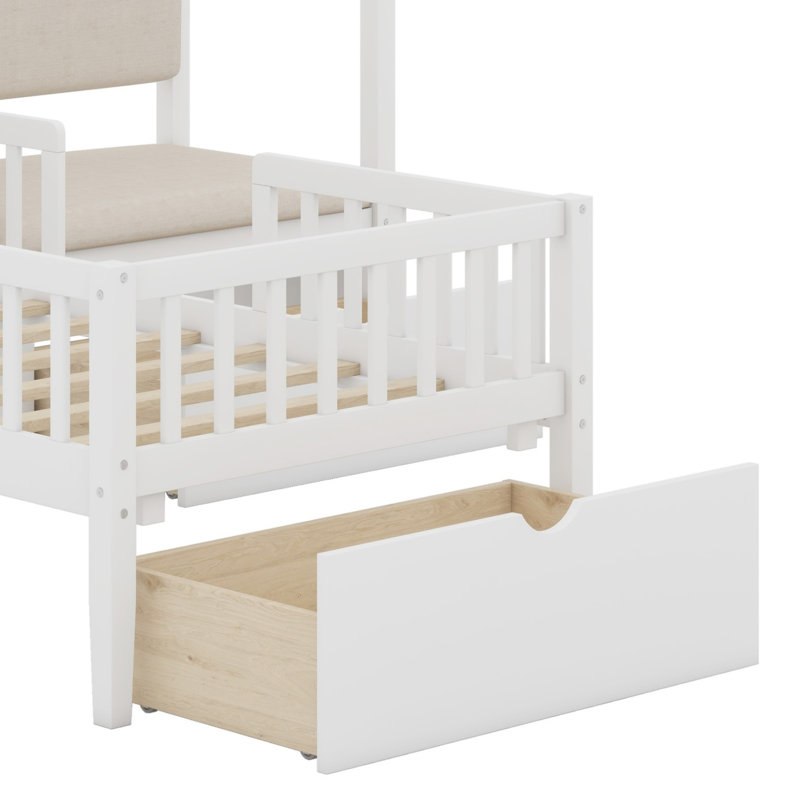 Lit simple simple avec canapé rembourré, station de charge, recharge sans fil, tablettes et deux tiroirs, Blanc