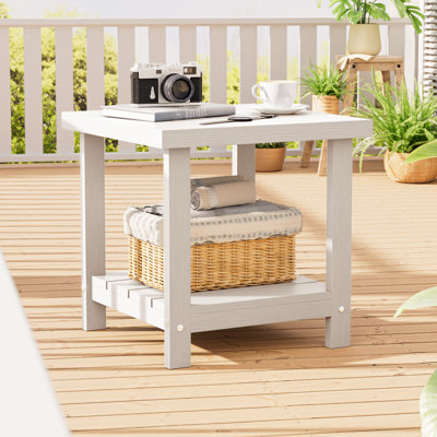 Table d'appoint extérieure en PEHD avec tablette de rangement à 2 niveaux, table de patio rectangulaire Adirondack résistante aux intempéries pour piscine, porche