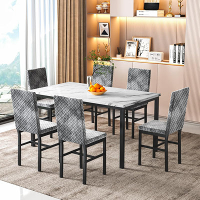 Ellice Modern Dining Room Table and Chairs Set for 6, 7-Piece Kitchen Dining Table Set with 6 Chairs & Table, Faux Marble Dining Table Set with MDF Br by Wrought Studio