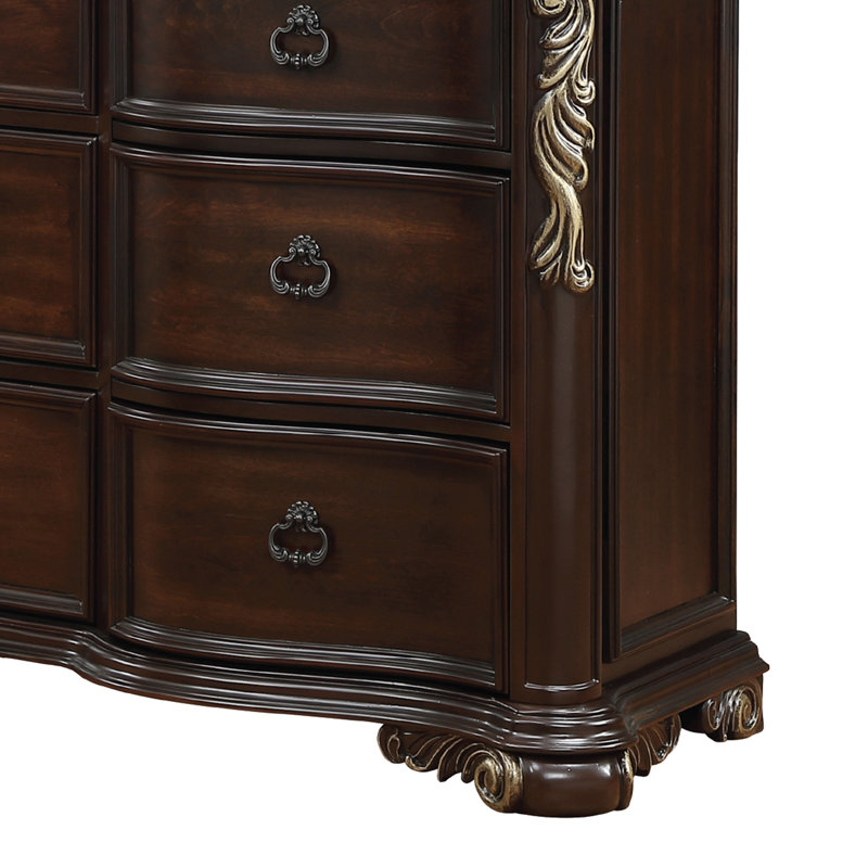 Ensemble de chambre à coucher Faxon en noyer foncé, Très grand, 6 pièces: lit, 2 tables de chevet, commodes, miro