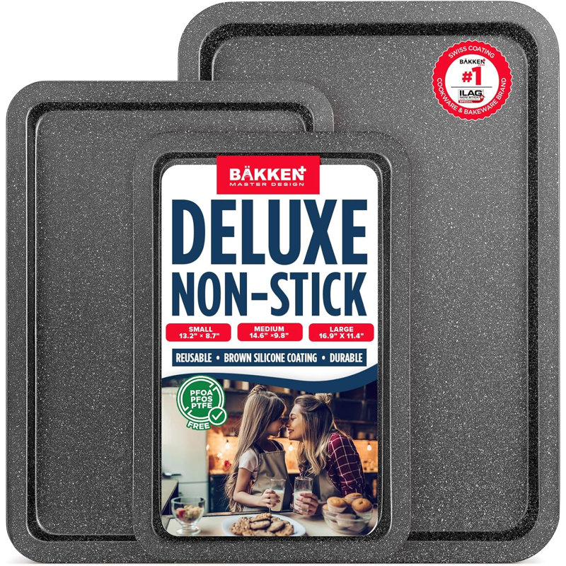 Ensemble de 3 plaques à biscuits Bakken - petites, moyennes et grandes plaques de cuisson antiadhésives, marbre gris, allant au four jusqu'à 450 ° F, conception empilable