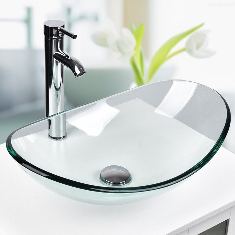 Lavabo de salle de bain ovale en verre trempé 21 po avec robinet Wade Logan® Beyo, Chrome chrome, Clair