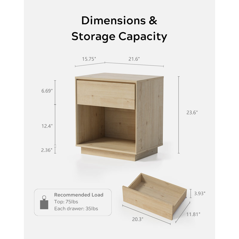 Nightstand, Wood End Side Table With Storage And Open Shelf, Set of 2, Light Oak
