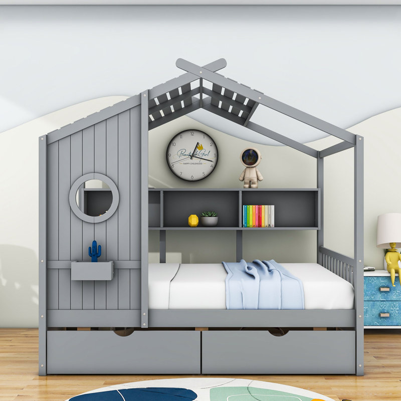 Lit plateforme en bois avec 2 tiroirs Alakai, Complète, gris