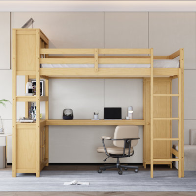Wood Loft Bed with Cabinet and Bookshelf, Queen Size Loft with Wardrobe and Desk for Kids by Corrigan Studio