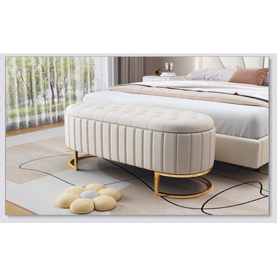 Elegant Upholstered Velvet Storage Ottoman with Button-Tufted,Storage Bench with Metal Legs for Bedroom,Living Room,Fully Assembled Except Legs,