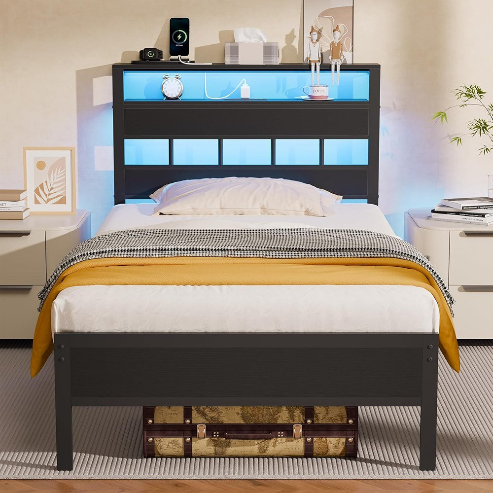 Latitude Run® Twin Bed Frames With Charging Station And LED Lights ...