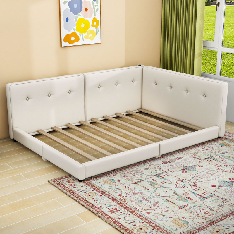 Lit de jour rembourré avec ports USB, Beige, Grand lit