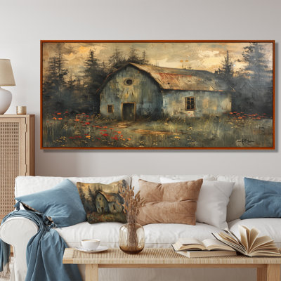 Grey Red Winter Country Cottage Barn - Barn Wall Art Living Room