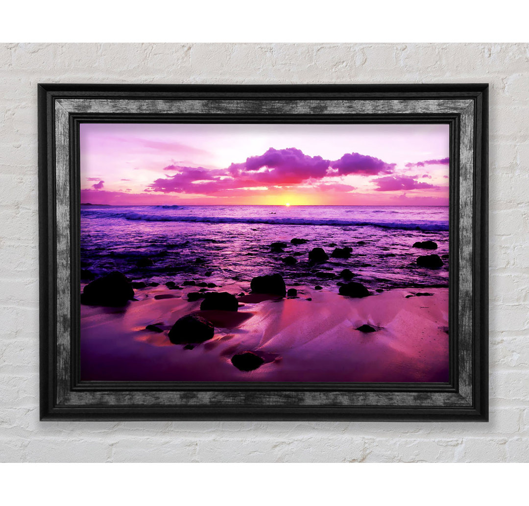 Gerahmtes Leinwandbild Purple Ocean Sunrise Rocks