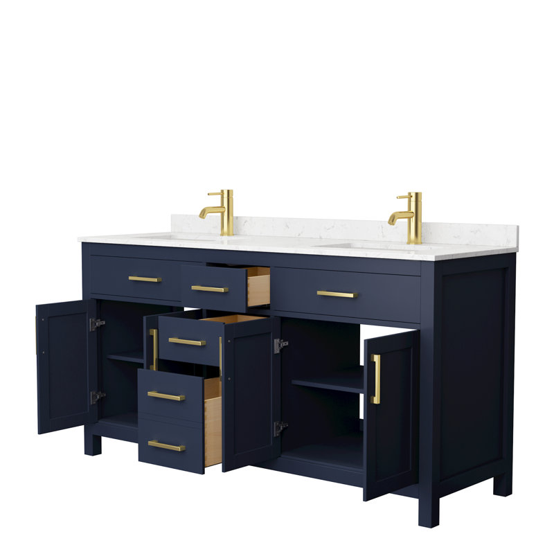 Beckett 66" Freestanding Double Bathroom Vanity with Cultured Marble Top, Dark Blue, Brushed Gold, Carrara Cultured Marble