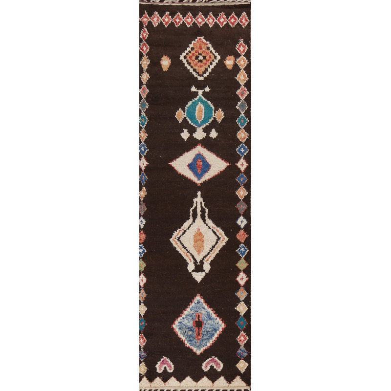 Tapis de couloir brun en laine noué à la main de conception unique 2 pi 11 po x 12 pi 9 po
